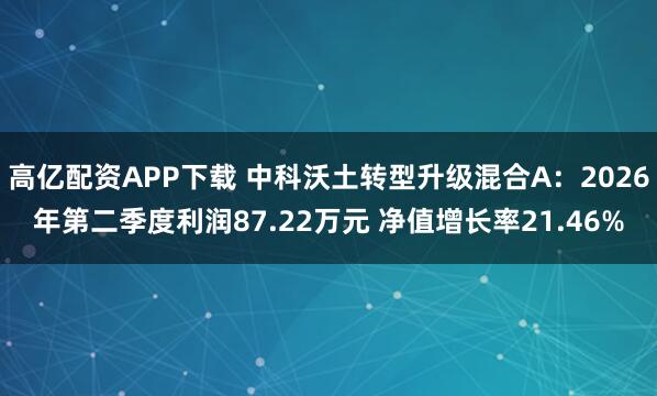 高亿配资APP下载 中科沃土转型升级混合A：2026年第二季度利润87.22万元 净值增长率21.46%